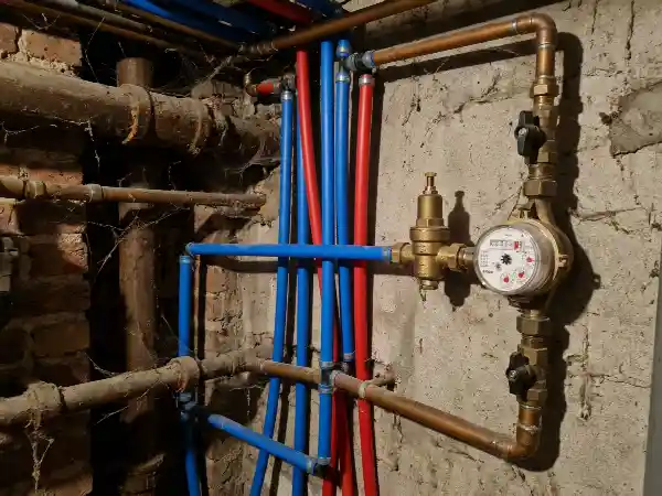 Nieuwe sanitaire leidingen met drukverminderaar bij de watermeter